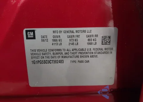 2012 Chevrolet Cruze 2Lt из США, поврежденный, VIN 1G1PG5SC9C7382483